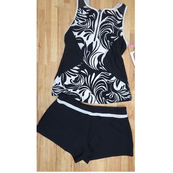 ZeroXposur Other - Black White Tropical Tankini Sz S Zip Front Swim Top Boyshort Bottoms Coconut